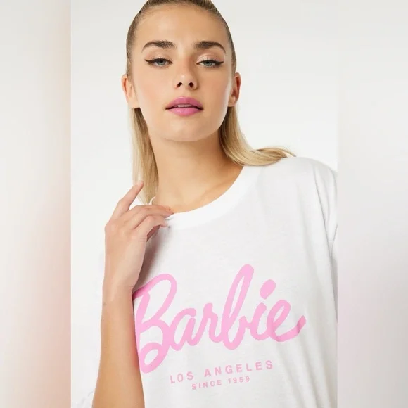 Ardene Oversized Barbie White Tee with Pink Script Logo XS - Picture 2 of 9